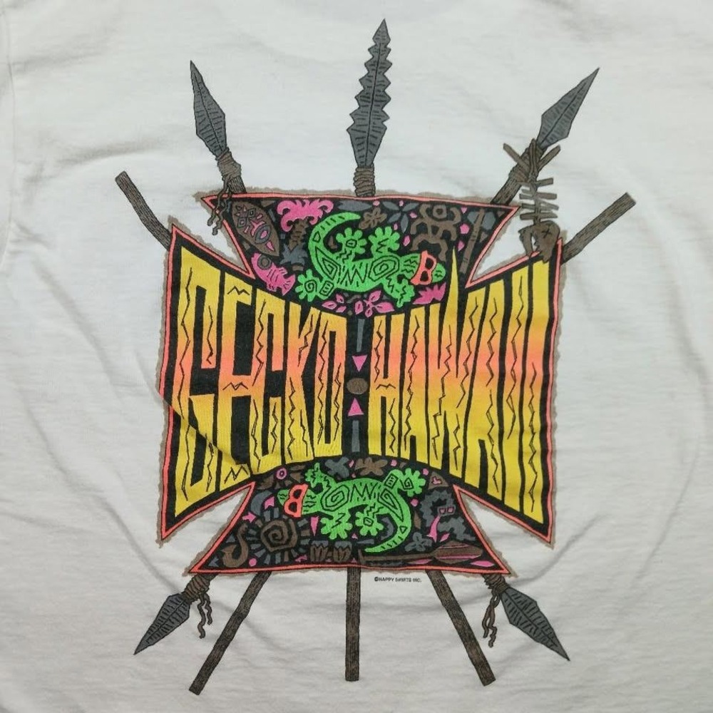 Vintage 90s Gecko Hawaii T-Shirt Medium White Tribal Surf